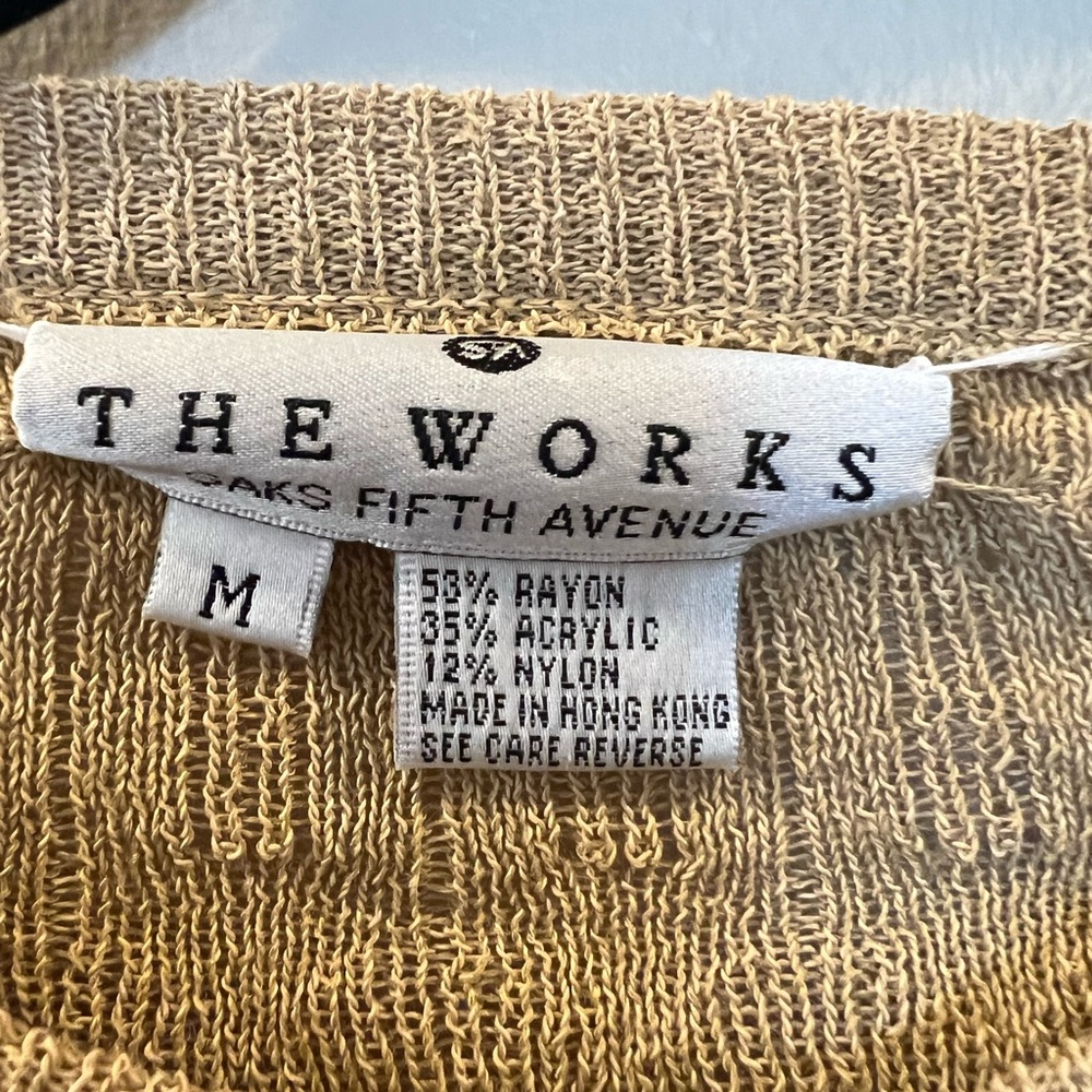 Saks Fifth Avenue The Works open knit cardigan women M layering gold lightweight - Picture 3 of 7